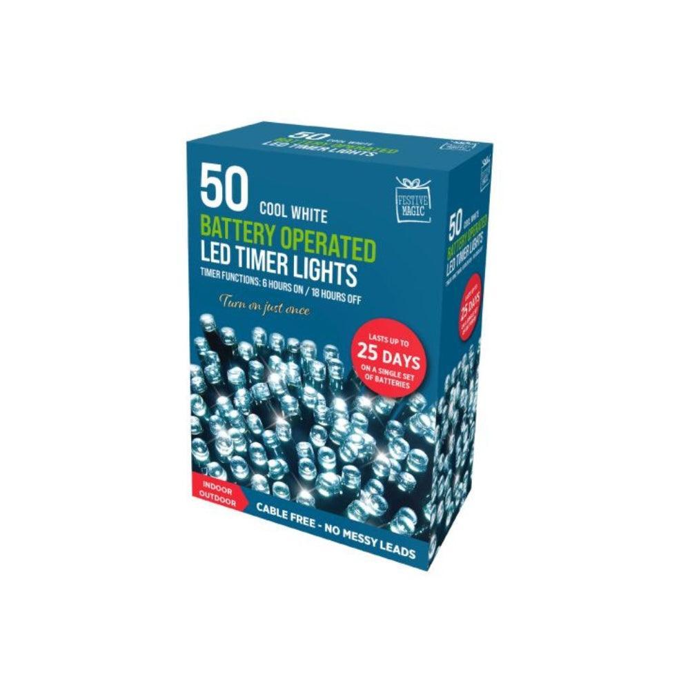Festive Magic 50 White Battery Powered LED Timer Christmas Lights | 8 Functions - Choice Stores