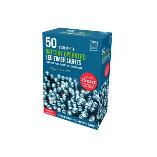 Festive Magic 50 White Battery Powered LED Timer Christmas Lights | 8 Functions - Choice Stores