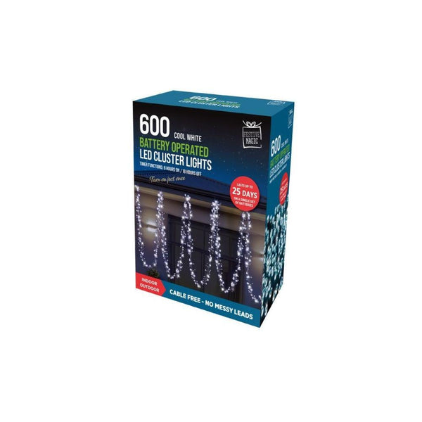 Festive Magic 600 White Battery Powered LED Cluster Christmas Lights | 8 Functions - Choice Stores