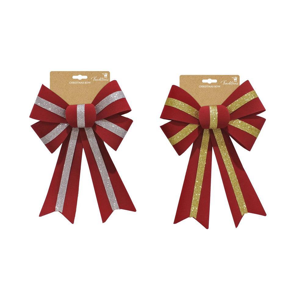 Festive Magic Assorted Colour Red Flocked Glitter Stripe Bow | 30cm - Choice Stores