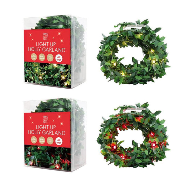 Festive Magic Battery Operated LED Light Up Holly Garland | 4m - Choice Stores