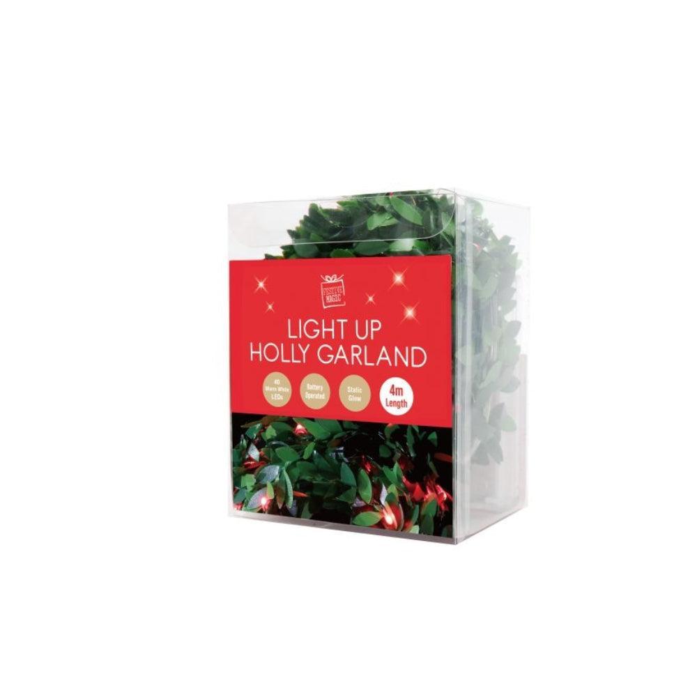 Festive Magic Battery Operated LED Light Up Holly Garland | 4m - Choice Stores