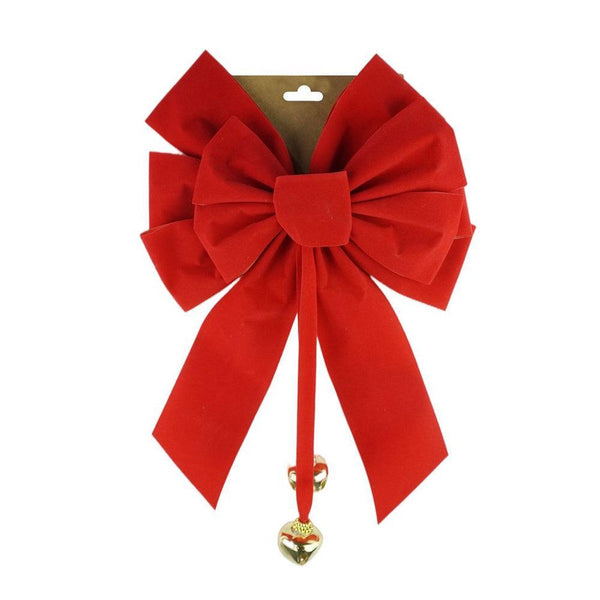 Festive Magic Flocked Red Bow with Shiny Gold Bells | 35cm - Choice Stores