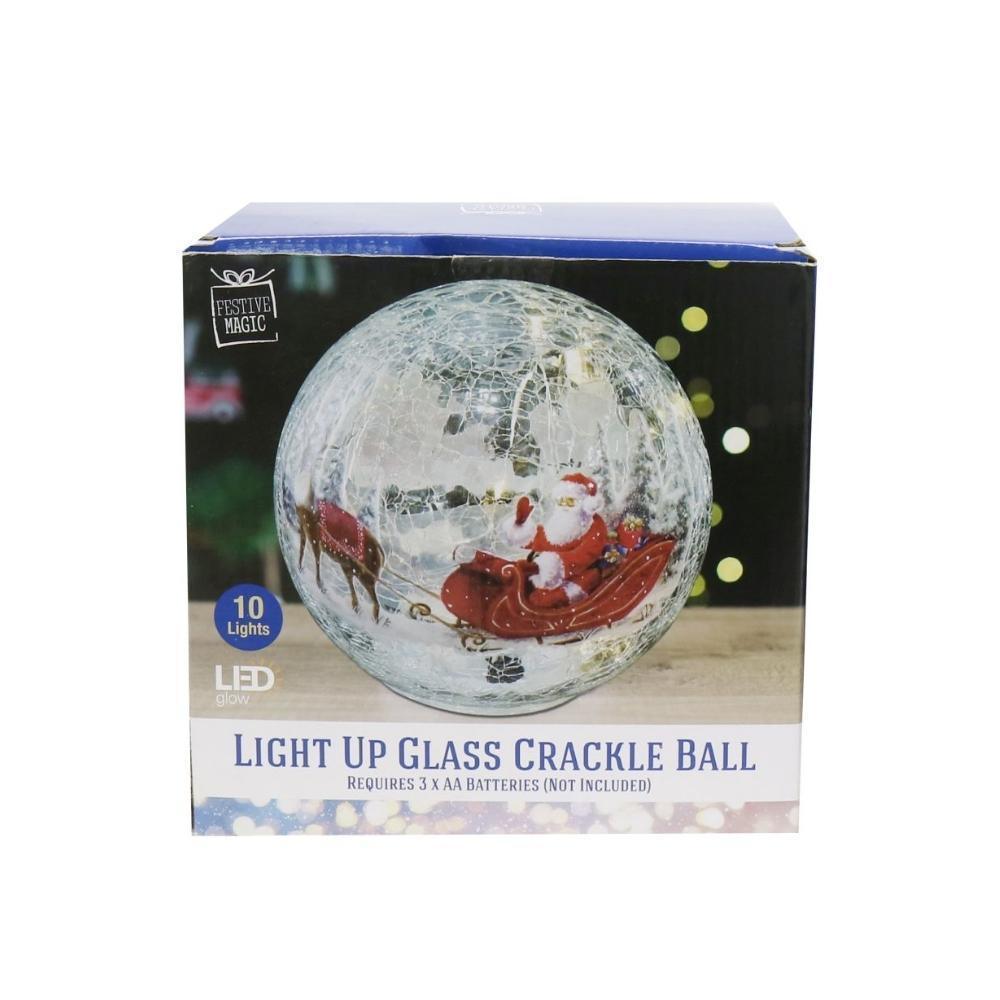 Festive Magic LED Light Up Glass Crackle Ball | Features Santa on Sleigh | 15 cm - Choice Stores