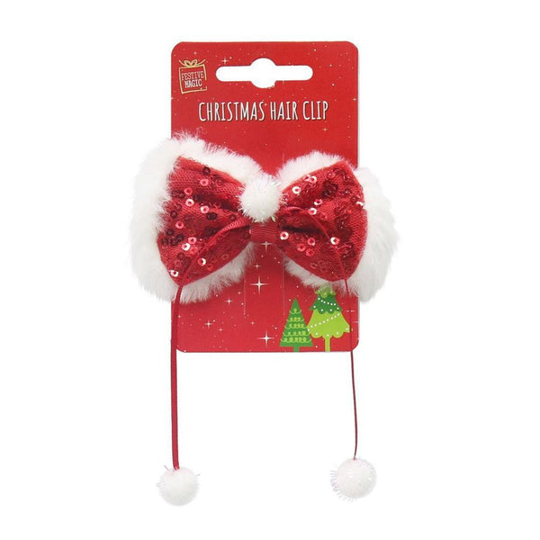 Festive Magic Red Sequin and Plush Hair Clip with Pom Poms - Choice Stores
