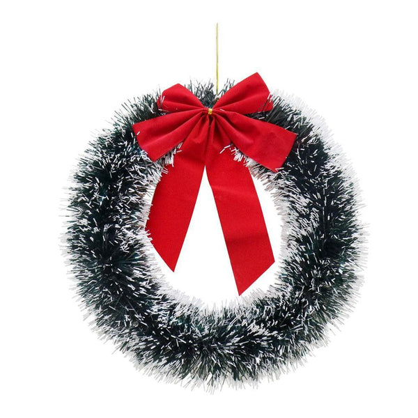 Festive Magic Snowy Dark Green Tinsel Wreath with Bow | 33cm - Choice Stores