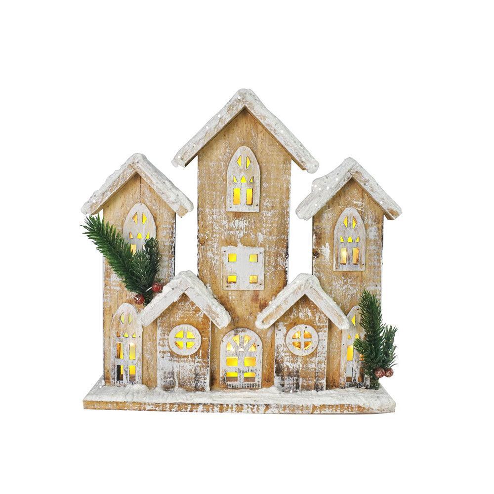 Festive Magic Snowy Warm White Battery Operated Wooden House Scene with Glitter Snow | 29cm - Choice Stores