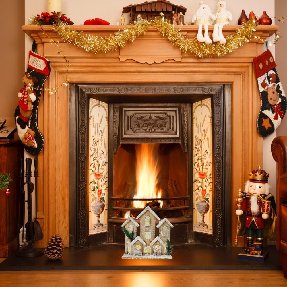 Festive Magic Snowy Warm White Battery Operated Wooden House Scene with Glitter Snow | 29cm - Choice Stores