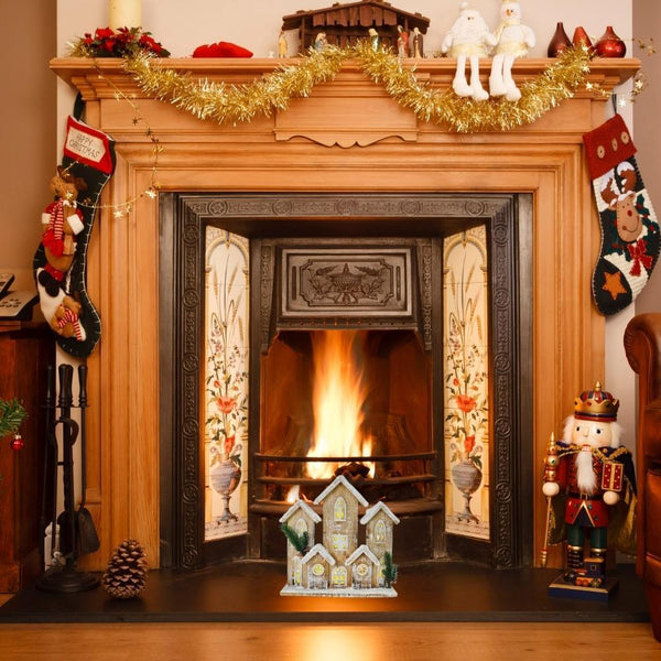 Festive Magic Snowy Warm White Battery Operated Wooden House Scene with Glitter Snow | 29cm - Choice Stores