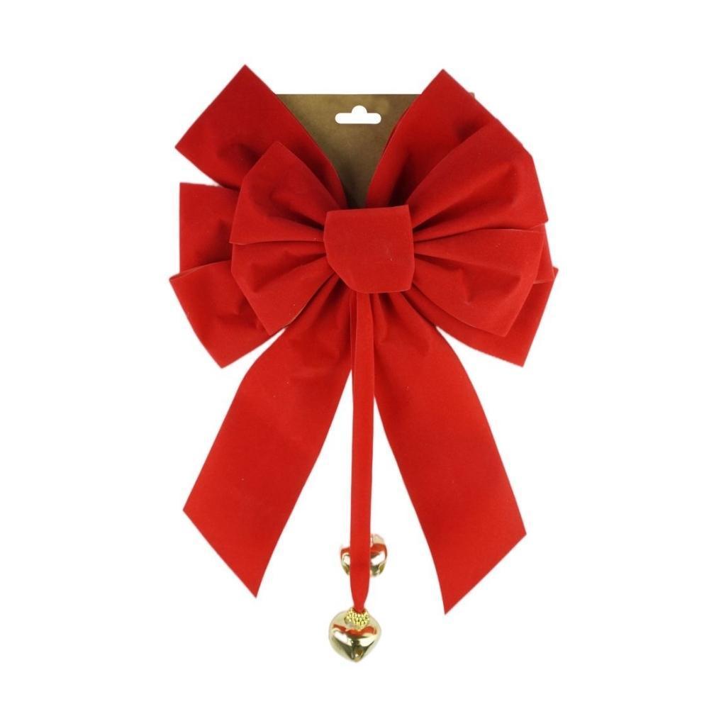 Flocked Red Bow with Jingle Bells | 24 x 35cm - Choice Stores