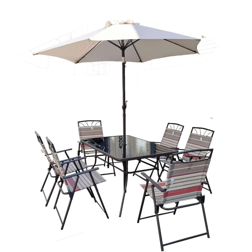 Freya 6 Seater Dining Garden Furniture Set | Multi Stripe design | Cream parasol - Choice Stores