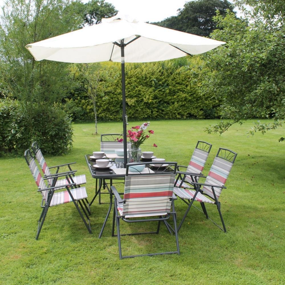 Freya 6 Seater Dining Garden Furniture Set | Multi Stripe design | Cream parasol - Choice Stores