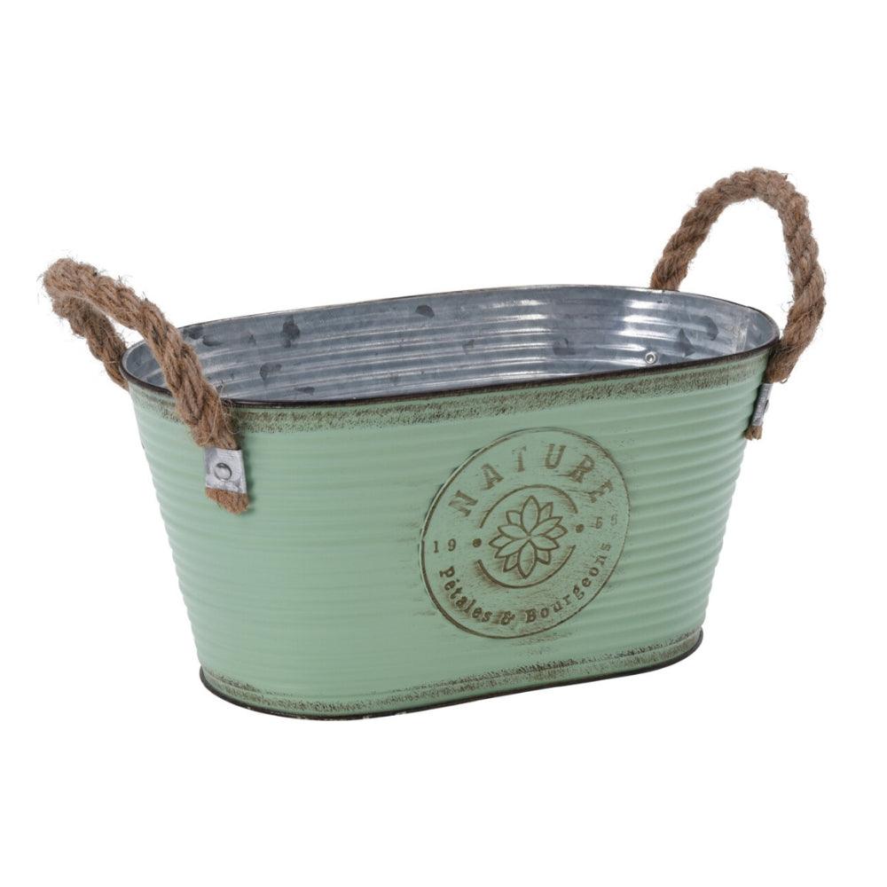 Green Metal Ribbed Nature Trough Planter with Handles | 23 x 13 cm - Choice Stores