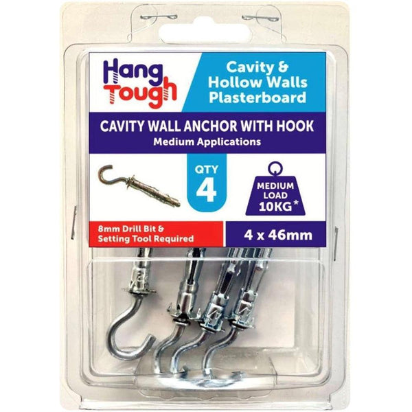 Hang Tough Cavity Anchor with Hook | Capacity 10kg | 4.0 x 46mm | Pack of 4 - Choice Stores
