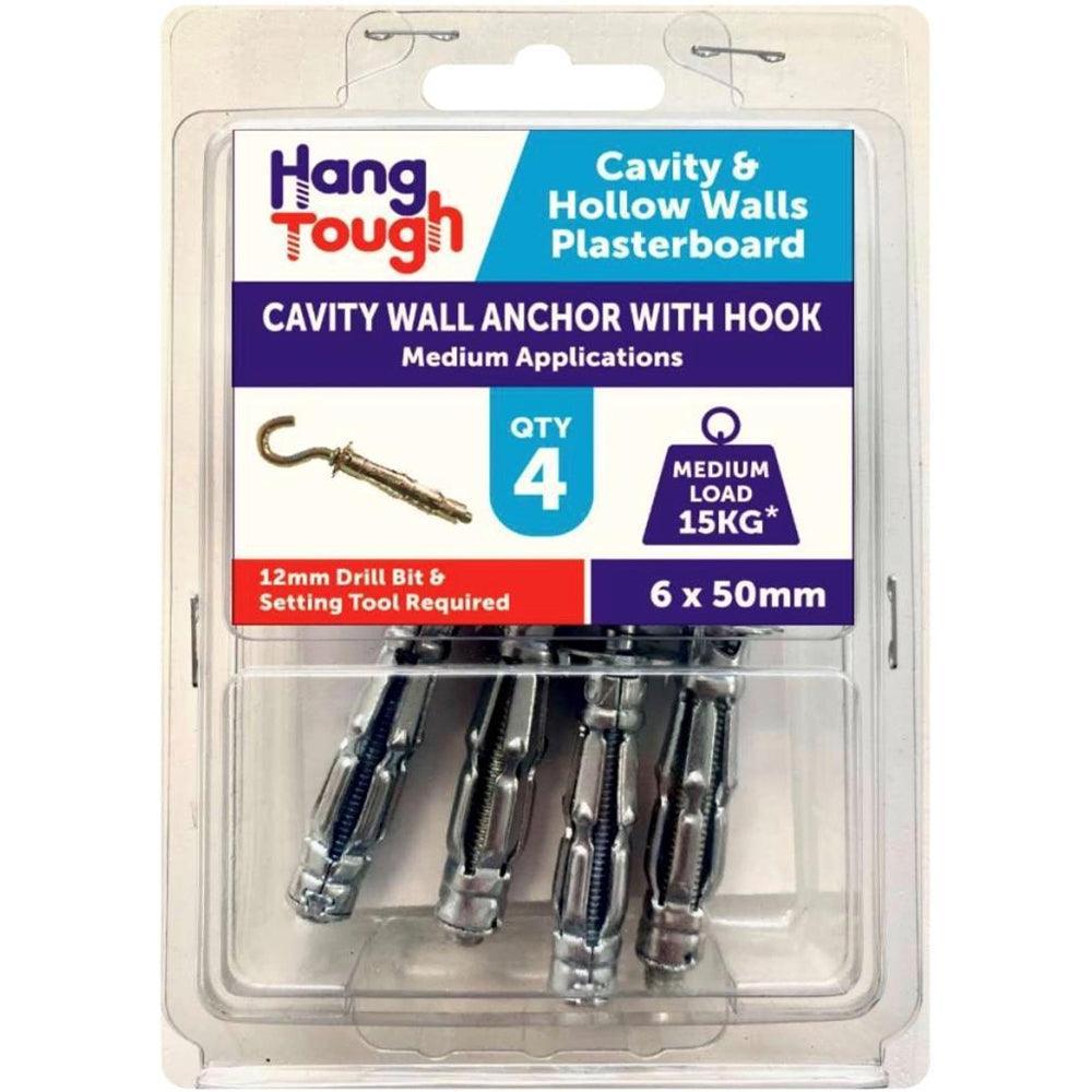 Hang Tough Cavity Anchor with Hook | Capacity 15kg | 6.0 x 50mm | Pack of 4 - Choice Stores