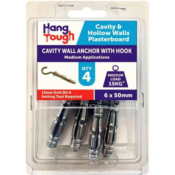 Hang Tough Cavity Anchor with Hook | Capacity 15kg | 6.0 x 50mm | Pack of 4 - Choice Stores