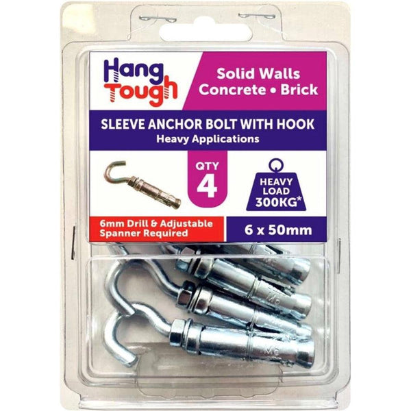 Hang Tough Sleeve Anchor Bolt with Hook | Capacity 300kg | 6.0 x 50mm | Pack of 4 - Choice Stores