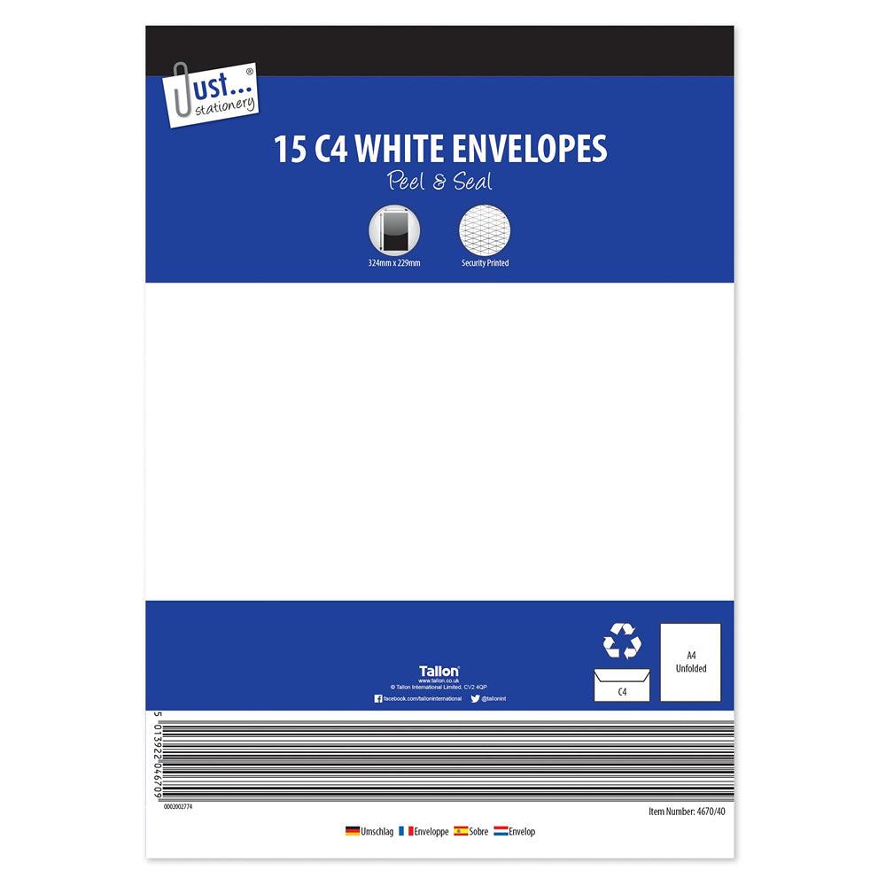 Just Stationery White Peel & Seal Envelopes Size C4 | Pack of 15 - Choice Stores