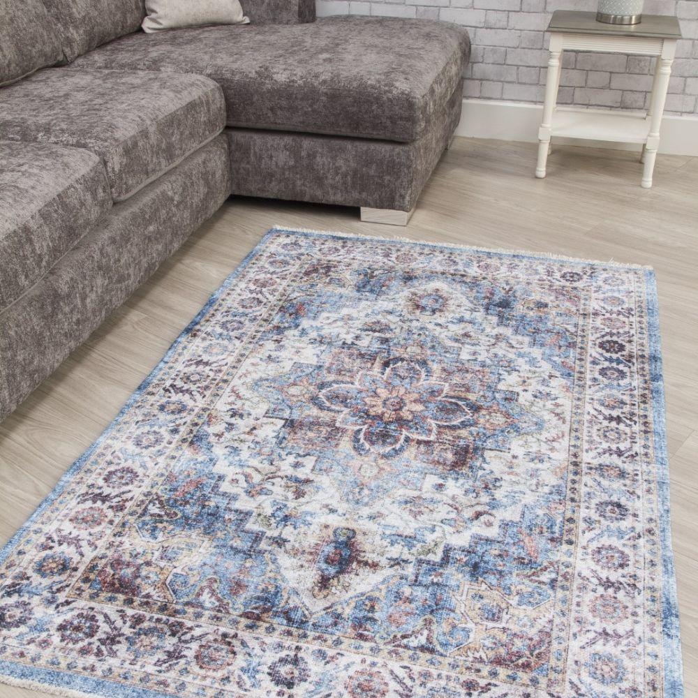 Modena Vita Blue Cream Rug | Modern Distressed Design - Choice Stores