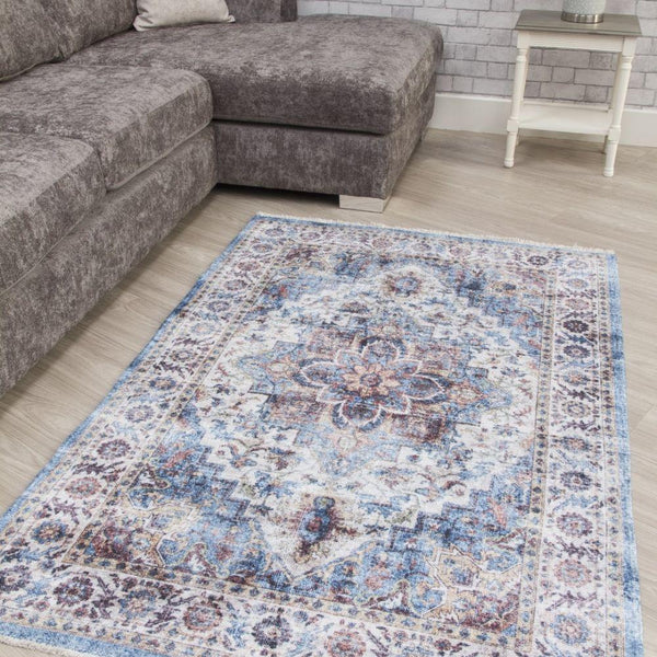 Modena Vita Blue Cream Rug | Modern Distressed Design - Choice Stores