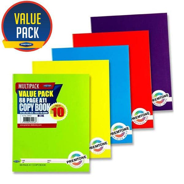 Premto A11 Exercise Copy Books | 88 Page | Pack of 10 | Assorted Colours - Choice Stores