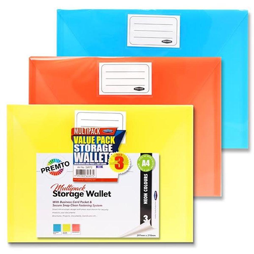 Premto A4 Multipack Storage Wallets with Button Closure | Pack of 3 | Neon Colours - Choice Stores