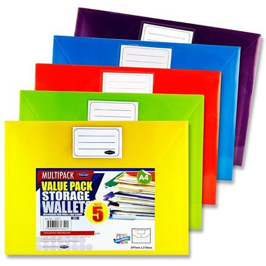 Premto A4 Storage Wallets with Button Closure | Assorted Bright Colours | Pack of 5 - Choice Stores