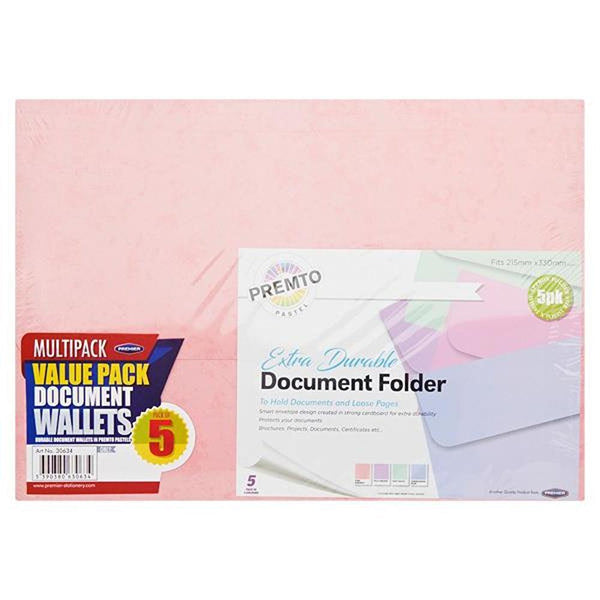 Premto Extra Durable Cardboard Document Wallets | Pack of 5 | Pastel Colours - Choice Stores