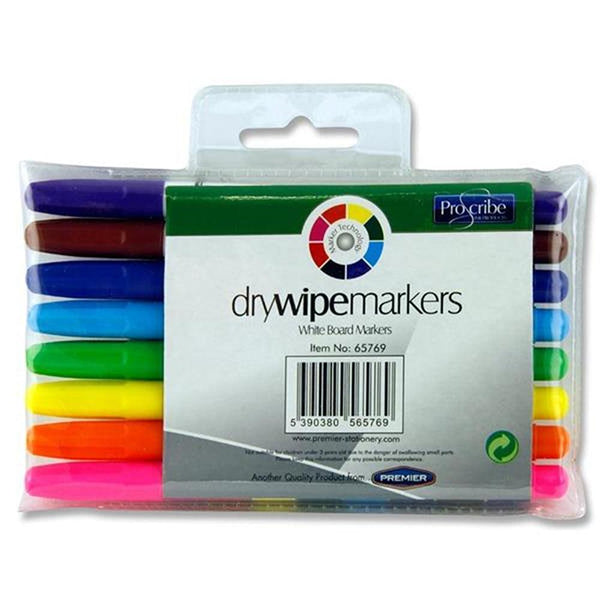 Pro Scribe Dry Wipe Whiteboard Markers | Assorted Colours | Pack of 8 - Choice Stores