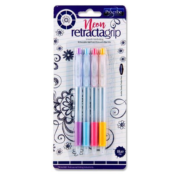 Proscribe Neon Rectragrip Ballpens Blue Ink | 4 Pack - Choice Stores