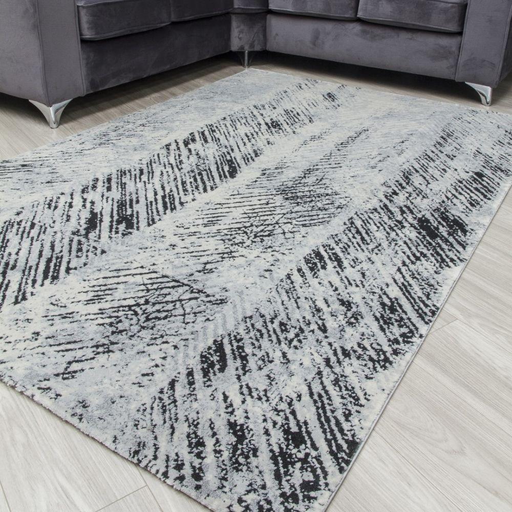 Rococo Feathered Grey Black Modern Rug | Abstract Design - Choice Stores