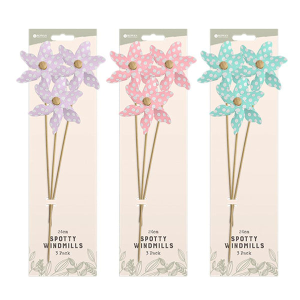Rowan Spotty Wooden Stake Windmills | Assorted Colour | Pack of 3 - Choice Stores