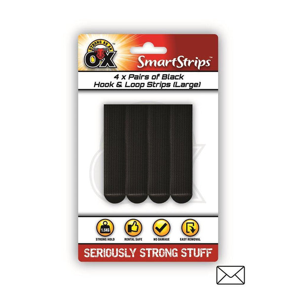 Strong as an Ox Removable Black Velcro Hook & Loop Strips | Pack of 4 - Choice Stores