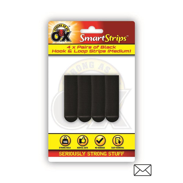 Strong as an Ox Removable Black Velcro Hook & Loop Strips | Pack of 4 - Choice Stores