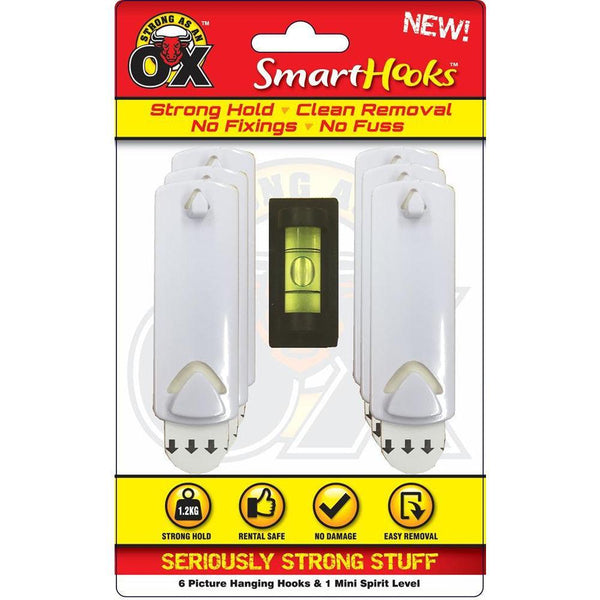 Strong as an Ox Removable Picture Hanging Plastic Hook with Mini Spirit Level | Pack of 6 - Choice Stores