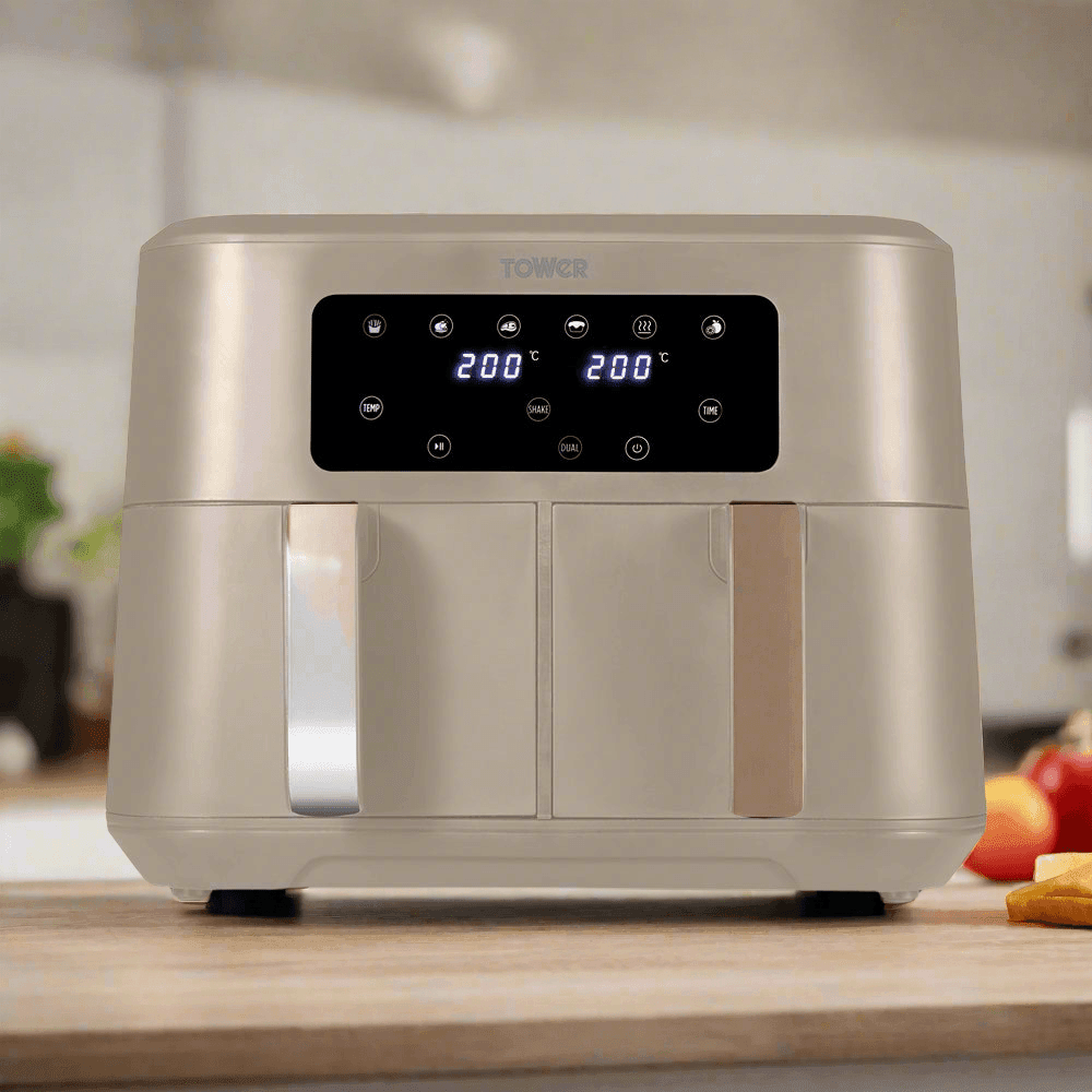Tower Vortx Dual Basket Air Fryer | Latte with Chrome Trim | 8.5L - Choice Stores