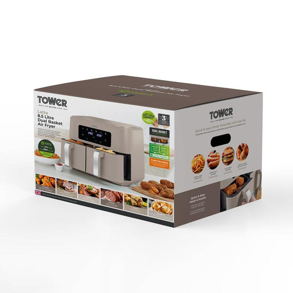 Tower Vortx Dual Basket Air Fryer | Latte with Chrome Trim | 8.5L - Choice Stores