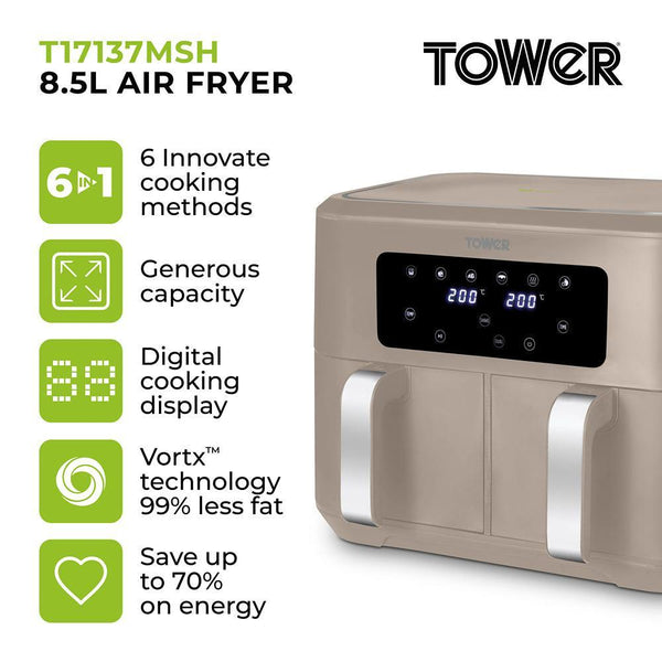 Tower Vortx Dual Basket Air Fryer | Latte with Chrome Trim | 8.5L - Choice Stores