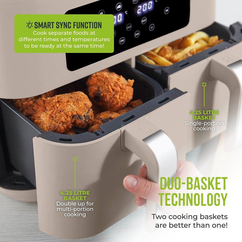 Tower Vortx Dual Basket Air Fryer | Latte with Chrome Trim | 8.5L - Choice Stores