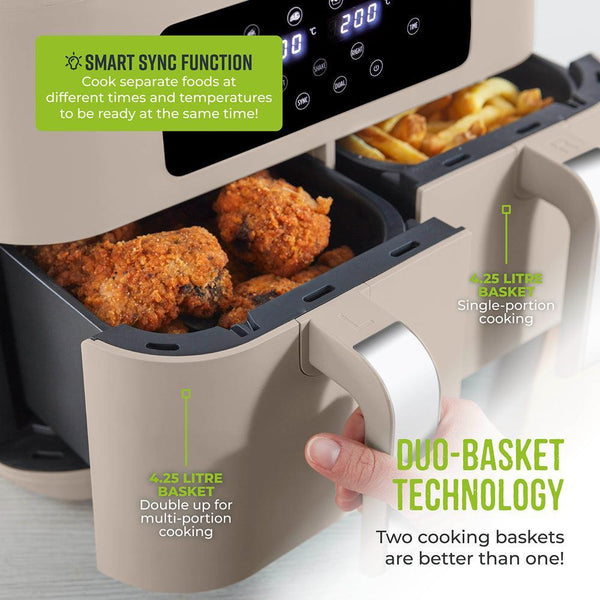Tower Vortx Dual Basket Air Fryer | Latte with Chrome Trim | 8.5L - Choice Stores