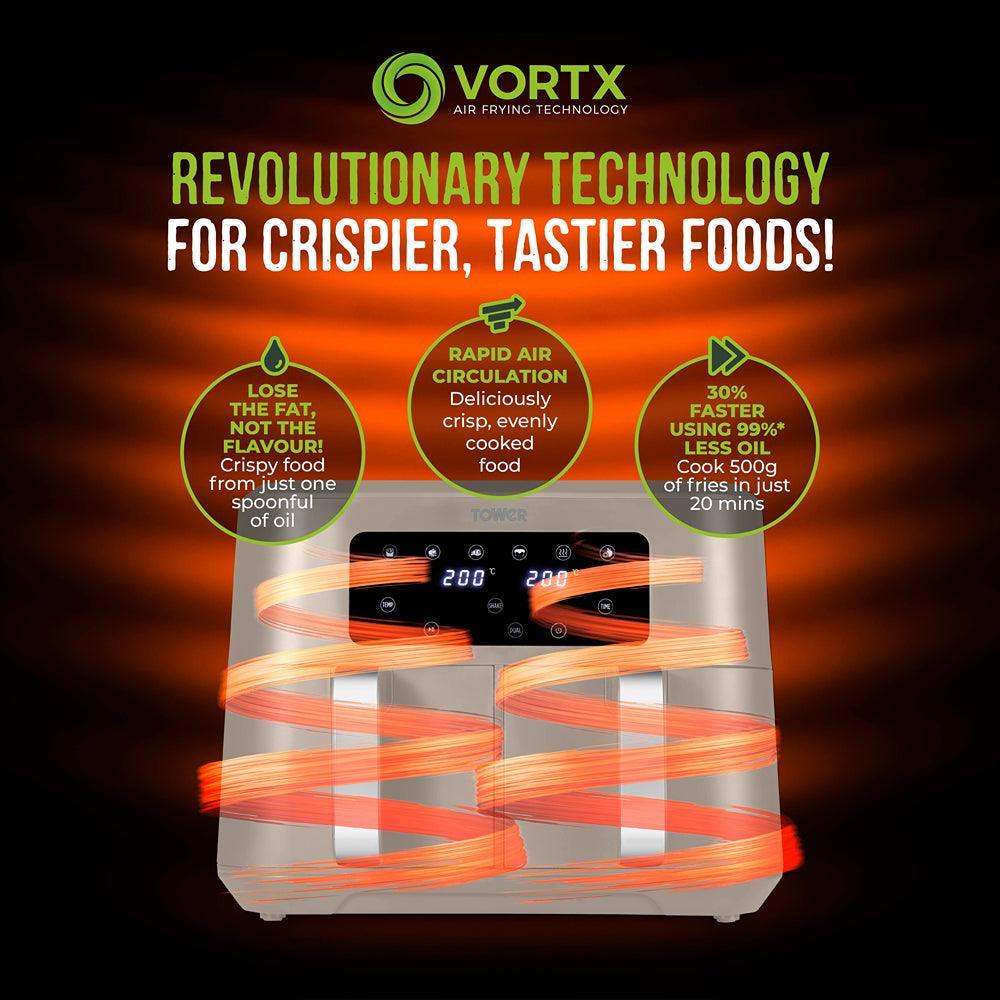 Tower Vortx Dual Basket Air Fryer | Latte with Chrome Trim | 8.5L - Choice Stores