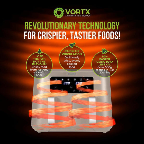 Tower Vortx Dual Basket Air Fryer | Latte with Chrome Trim | 8.5L - Choice Stores