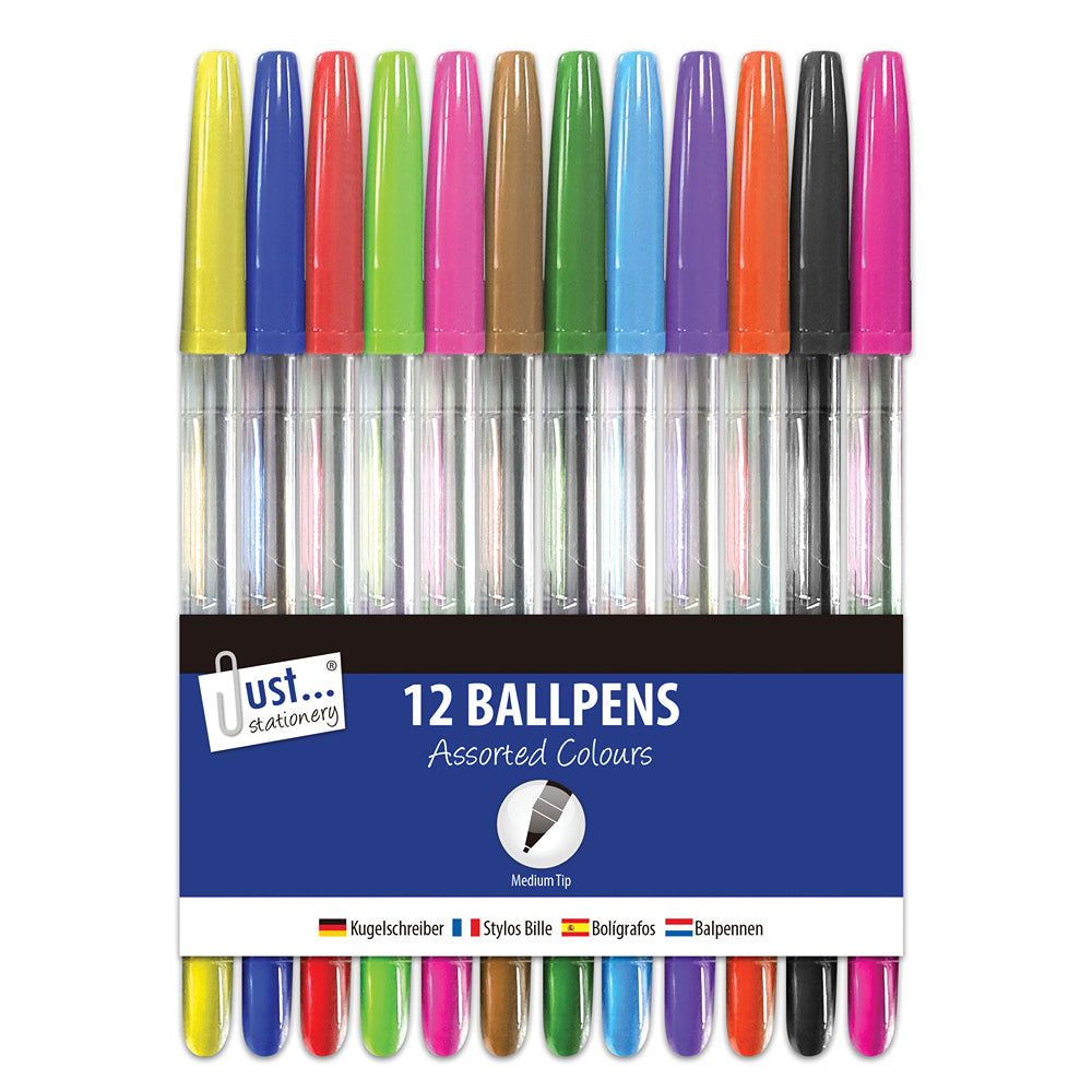 Just Stationery Multicoloured Ballpoint Pens | Pack of 12