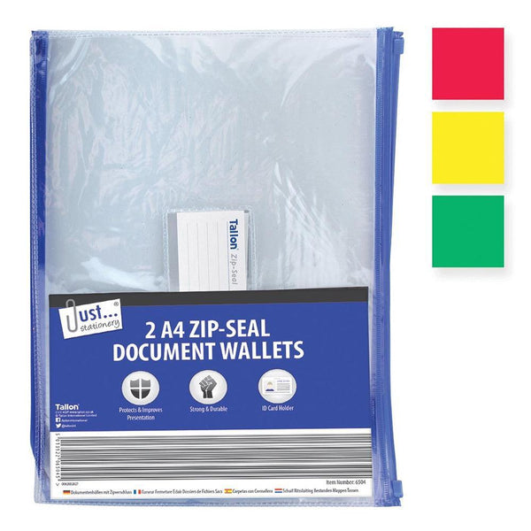Just Stationery 2 A4 Zip Seal Document Wallets | Assorted Colours - Choice Stores